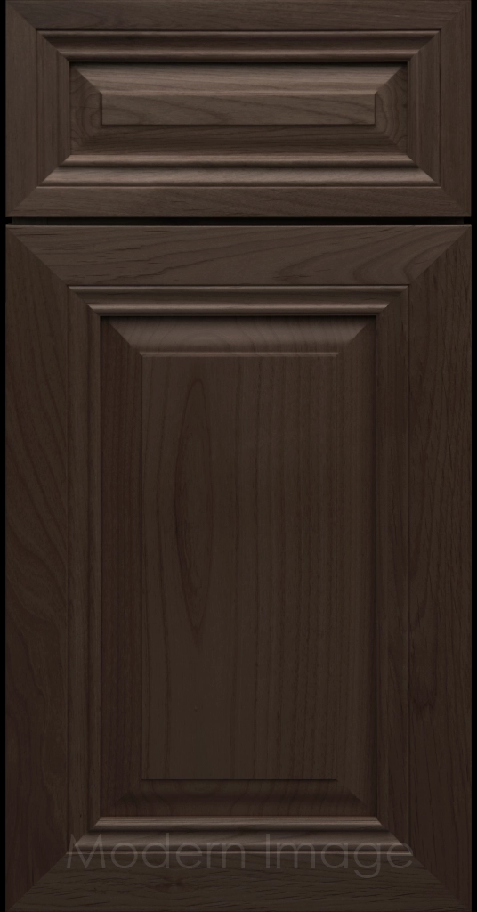 Close-up of a Cocoa-stained wood cabinet door with a mitered frame and traditional Cambridge raised center panel.